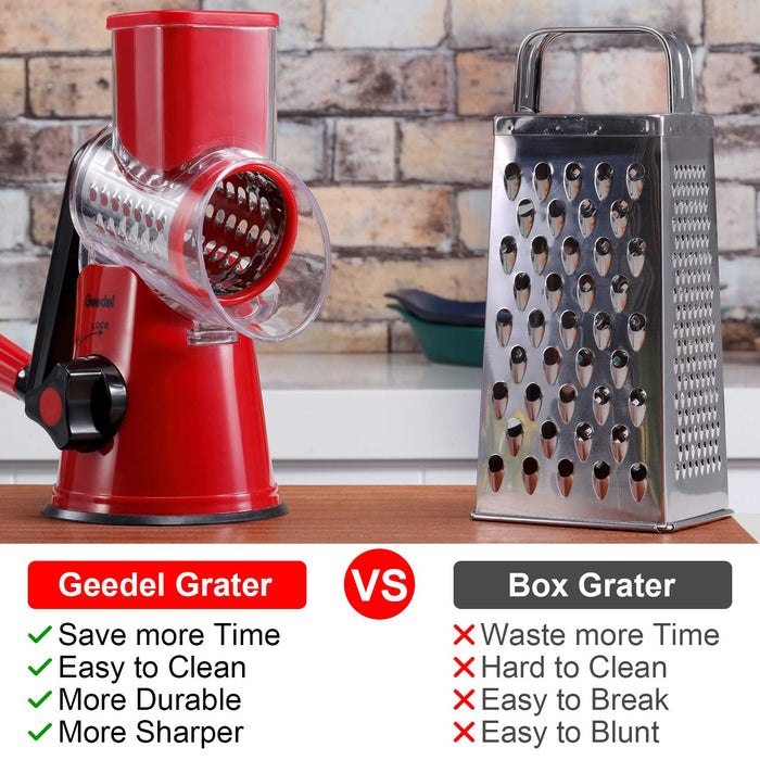 Geedel Rotary Cheese Grater, Kitchen Mandoline Vegetable Slicer with 3 Interchangeable Blades, Easy to Clean Grater for Fruit, Vegetables, Nuts - Grill Parts America