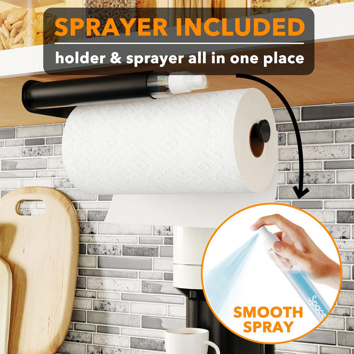 SpaceAid SprayNeat 2 in 1 Paper Towel Holder with Spray Bottle, Under Cabinet Paper Towels Holders with Sprayer Inside, Hanging Wall Mount Papertowels Roller for Kitchen (Black) - Grill Parts America