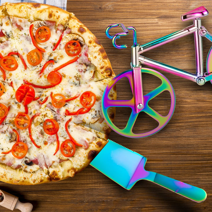 Fohil Bicycle Pizza Cutter Wheel, Non-stick Bike Pizza Cutter Stainless Steel with Pizza Shovel, Rainbow Bicycle Pizza Slicer Funny Gifts, White Elephant Gifts Kitchen Gadget for Pizza Lovers Gift - Grill Parts America