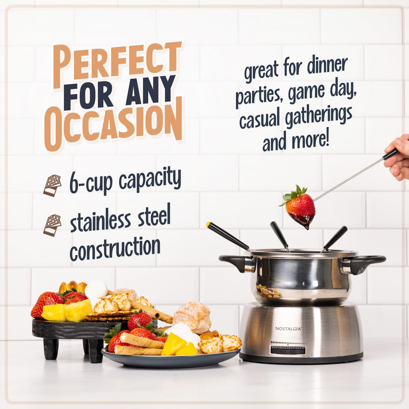 Nostalgia 6-Cup Electric Fondue Pot Set for Cheese & Chocolate - 6 Color-Coded Forks, Temperature Control - Stainless Steel Kitchen Gadgets and Appliances for Hors d'Oeuvres and More - Stainless Steel - Grill Parts America