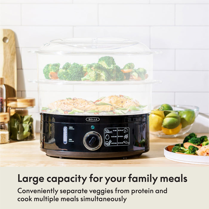 BELLA Two Tier Food Steamer with Dishwasher Safe Lids and Stackable Baskets & Removable Base for Fast Simultaneous Cooking - Auto Shutoff & Boil Dry Protection, Stainless Steel, 7.4 QT, Black - Grill Parts America