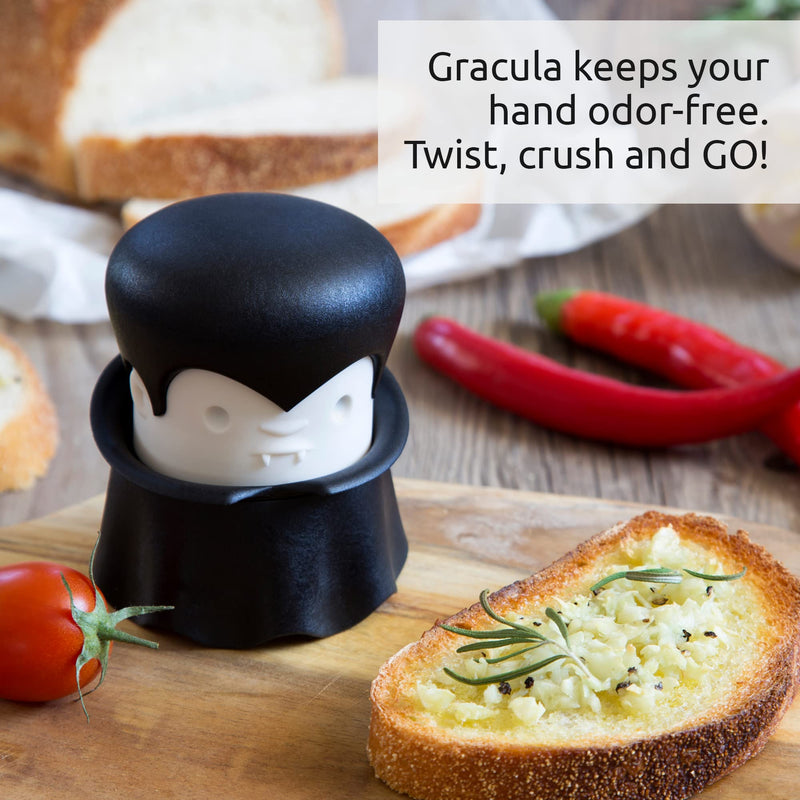 OTOTO Gracula Garlic Crusher, Garlic Peeler, Also for Ginger, Nuts, Chili, Herbs - Twist Top Mincer & Easy Squeeze Manual Press Peeler, Goth Gifts - Grill Parts America