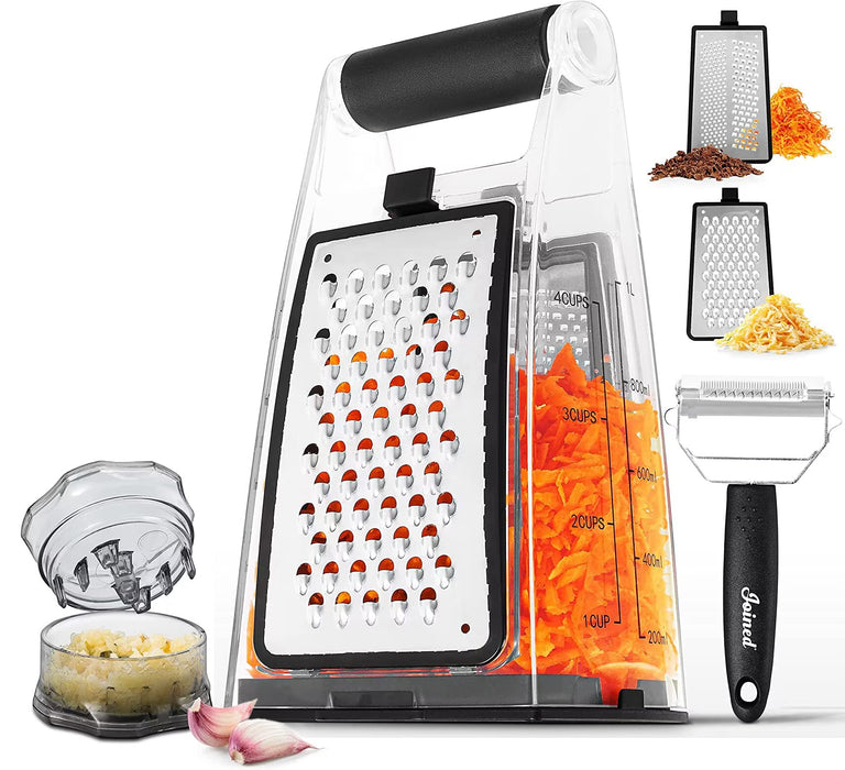 Joined Cheese Grater with Container - Box Grater Cheese Shredder Lemon Zester - Cheese Grater with Handle - Graters for Kitchen Stainless Steel Food Grater - Garlic Mincer Tool and Vegetable Peeler - Grill Parts America