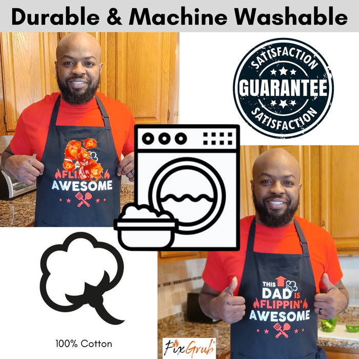 FixGrub Dad BBQ Apron, Funny Apron, Grill Apron, Chef Apron with 3 Pockets, Bottle Opener, Towel and Gift Box, 100% Cotton, Ideal Birthday, Christmas and Father's Day Gift for Men - Grill Parts America