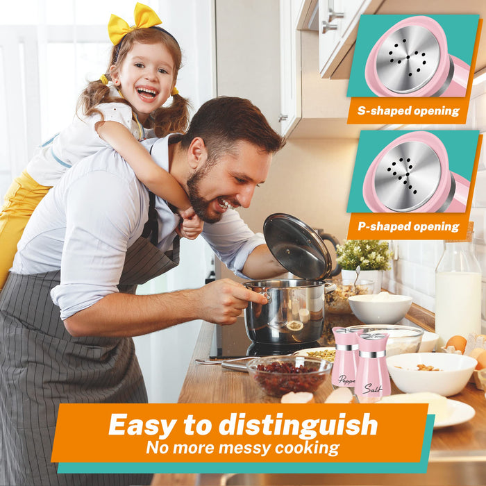 Salt and Pepper Shakers Set,4 oz Glass Bottom Salt Pepper Shaker with Stainless Steel Lid for Kitchen Cooking Table, RV, Camp,BBQ Refillable Design (Pink) - Grill Parts America