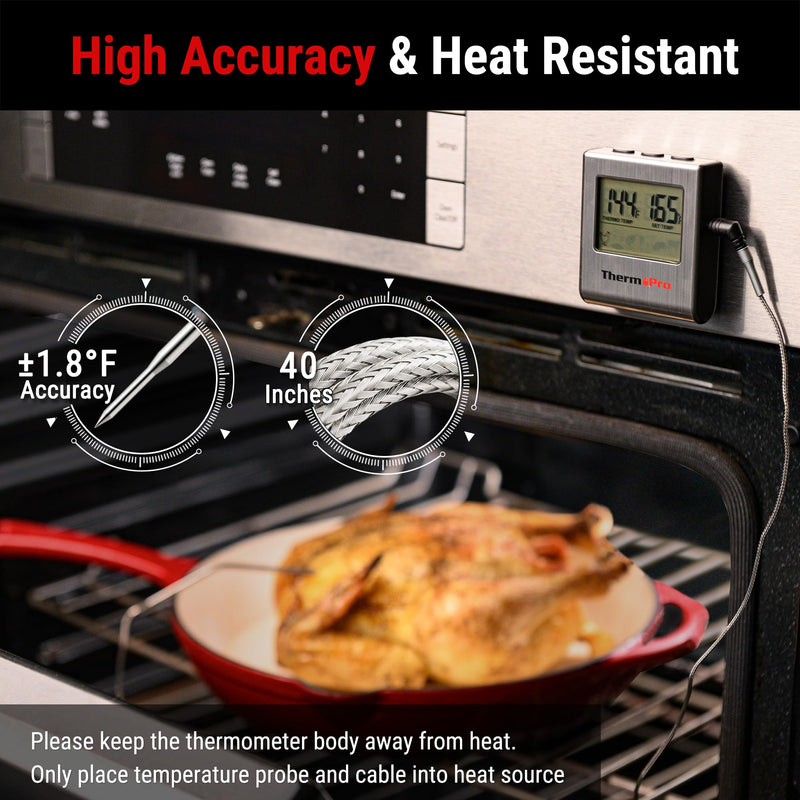 ThermoPro TP16 Large LCD Digital Cooking Food Meat Thermometer for Smoker Oven Kitchen BBQ Grill Thermometer Clock Timer with Stainless Steel Temperature Probe - Grill Parts America
