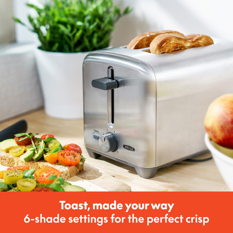 bella Stainless Steel 2 Slice Toaster with Extra Wide Slots & Removable Crumb Tray, 6 Browning Options, Auto Shut Off & Reheat Function, Toast Bread, Bagel & Waffle - Grill Parts America