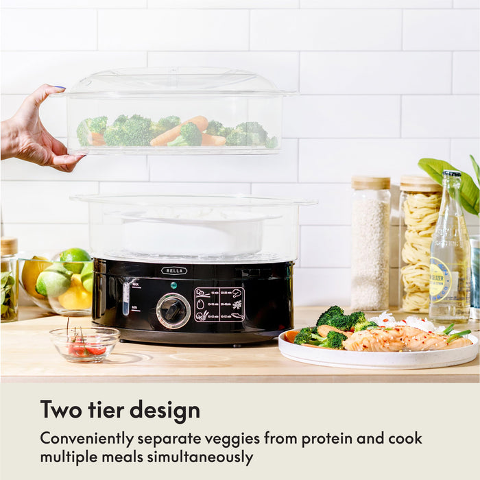 BELLA Two Tier Food Steamer with Dishwasher Safe Lids and Stackable Baskets & Removable Base for Fast Simultaneous Cooking - Auto Shutoff & Boil Dry Protection, Stainless Steel, 7.4 QT, Black - Grill Parts America