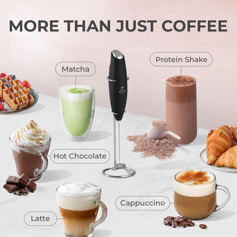 Zulay Kitchen Powerful Milk Frother Wand - Ultra Fast Handheld Drink Mixer - Electric Whisk Foam Maker for Coffee, Lattes, Cappuccino, Frappe, Matcha, Hot Chocolate & Coffee Creamer - Milk Boss Black - Grill Parts America