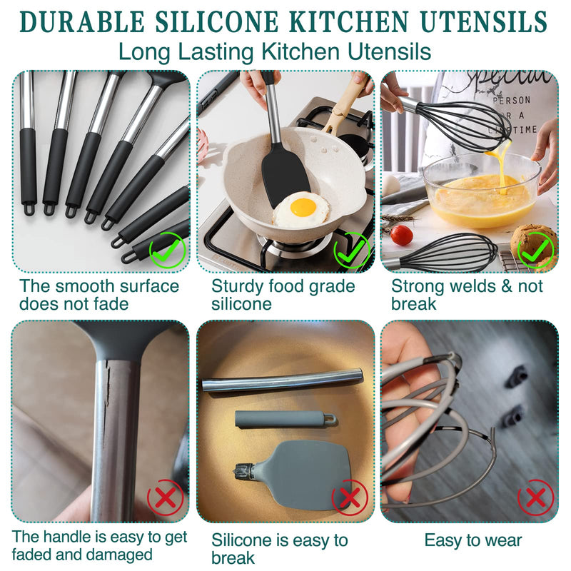 Silicone Cooking Utensil Set, Umite Chef 15pcs Silicone Cooking Kitchen Utensils Set, Non-stick - Best Kitchen Cookware with Stainless Steel Handle - Black - Grill Parts America
