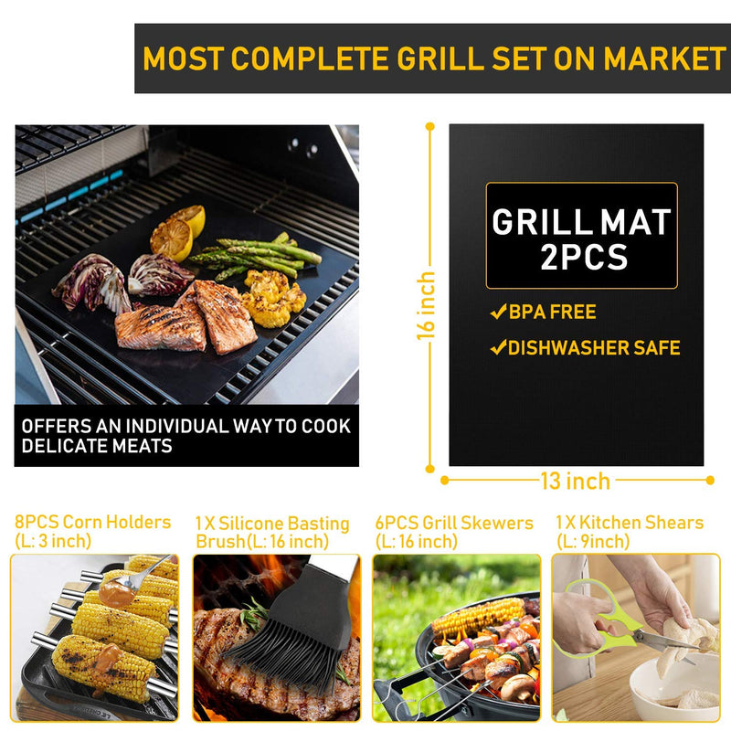 34Pcs BBQ Grill Accessories Tools Set, 16 Inches Stainless Steel Grilling Tools with Carry Bag, Thermometer, Grill Mats for Camping/Backyard Barbecue, Grill Tools Set for Men Women - Grill Parts America