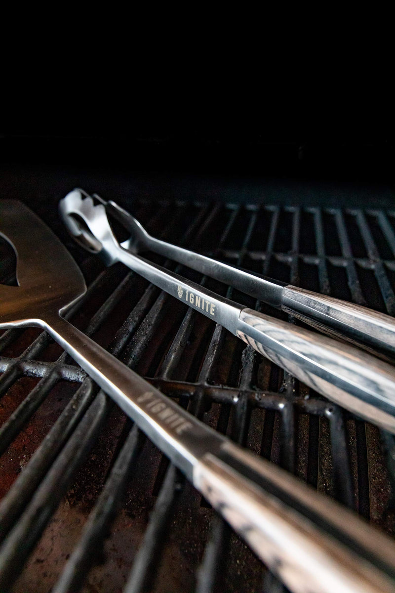 Ignite Grilling 2pc BBQ Grill Tool Set with Pakka Handles - Forged Stainless Steel Spatula, Locking Tongs & Silicone Trivet - - Grill Parts America