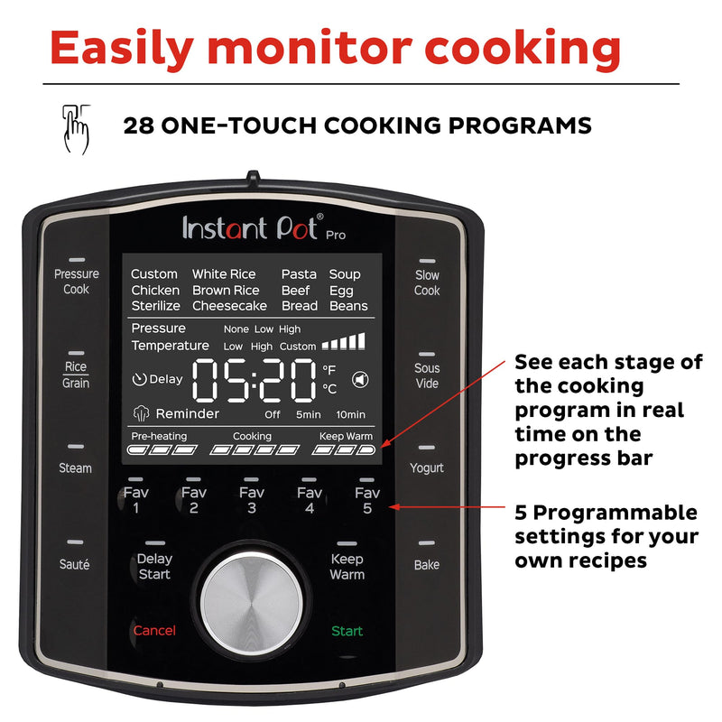 Instant Pot Pro 10-in-1 Pressure Cooker, Slow Cooker, Rice/Grain Cooker, Steamer, Sauté, Sous Vide, Yogurt Maker, Sterilizer, and Warmer, Includes App With Over 800 Recipes, Black, 6 Quart - Grill Parts America