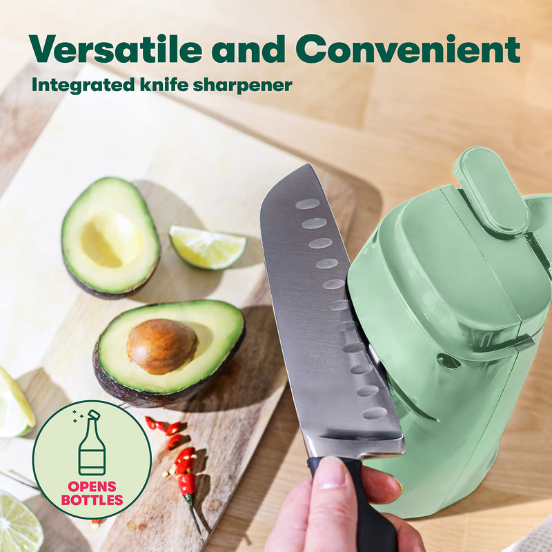 BELLA Electric Can Opener and Knife Sharpener, Multifunctional Jar and Bottle Opener with Removable Cutting Lever and Cord Storage, Stainless Steel Blade, Sage - Grill Parts America