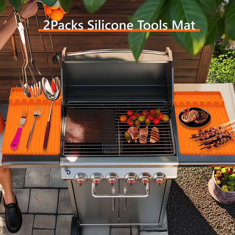 Pet Baby 2PCS Silicone Griddle Tools Mat, Large Spatula Mat with Drip Pad Griddle Silicone Mat Side Shelf Mat for Grill BBQ Griddle Accessories-Orange15.35 * 10.63" - Grill Parts America
