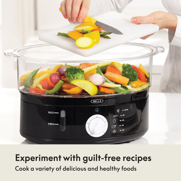 BELLA Two Tier Food Steamer with Dishwasher Safe Lids and Stackable Baskets & Removable Base for Fast Simultaneous Cooking - Auto Shutoff & Boil Dry Protection, Stainless Steel, 7.4 QT, Black - Grill Parts America