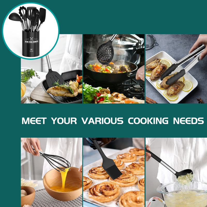Silicone Cooking Utensil Set, Umite Chef 15pcs Silicone Cooking Kitchen Utensils Set, Non-stick - Best Kitchen Cookware with Stainless Steel Handle - Black - Grill Parts America