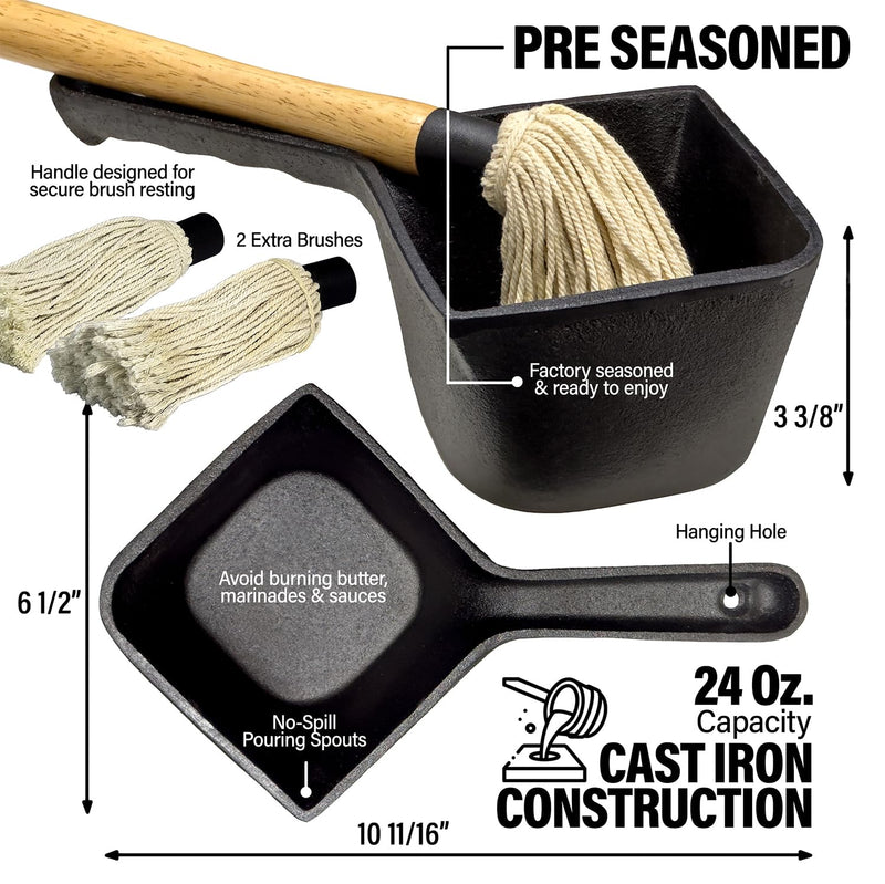 Cast Iron Sauce Pot with BBQ Mop Brush – Small Cast Iron Basting Pot & Mop Brush for Grilling, Smoking, and Saucing – BBQ Mop Brushes for Sauce, 24 Oz - Grill Parts America