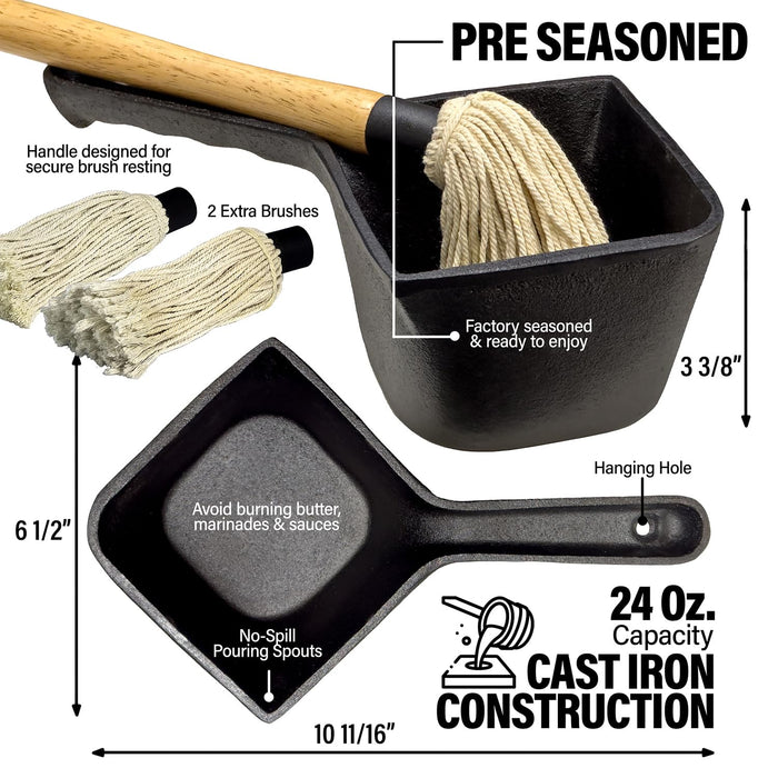 Cast Iron Sauce Pot with BBQ Mop Brush – Small Cast Iron Basting Pot & Mop Brush for Grilling, Smoking, and Saucing – BBQ Mop Brushes for Sauce, 24 Oz - Grill Parts America