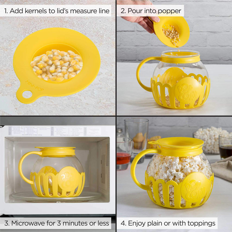 Ecolution Patented Micro-Pop Microwave Popcorn Popper with Temperature Safe Glass, 3-in-1 Lid Measures Kernels and Melts Butter, Made Without BPA, Dishwasher Safe, 3-Quart, Yellow - Grill Parts America