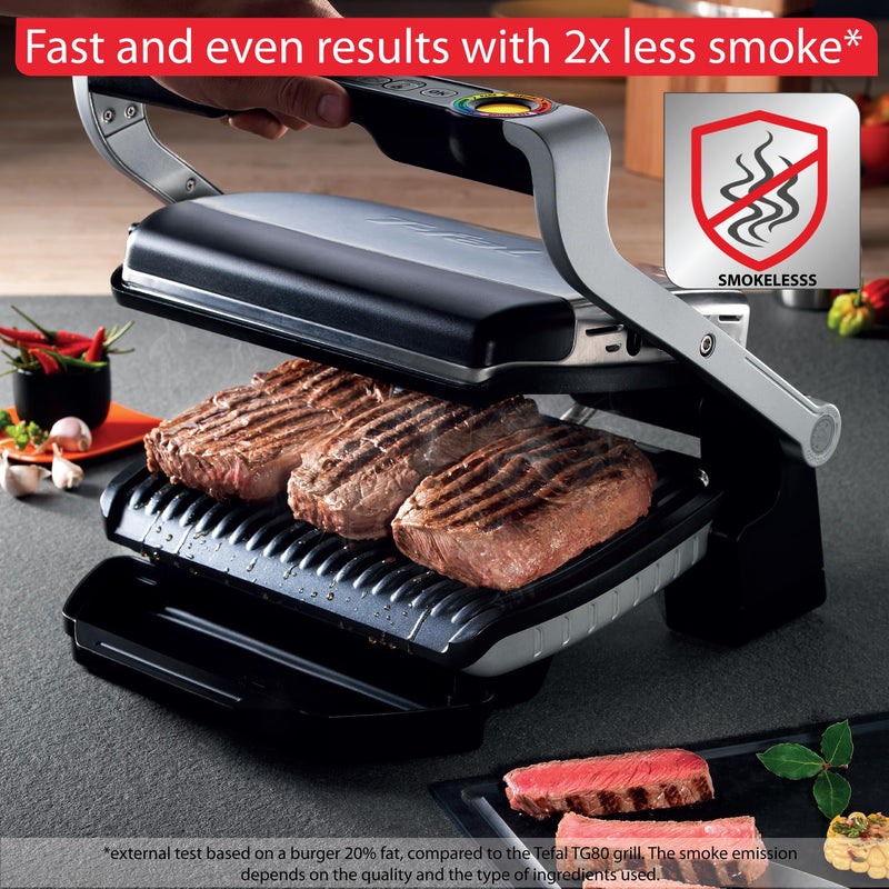 T-fal OptiGrill Stainless Steel Electric Grill Indoor 4 Servings 6 Automatic Cooking Modes, Intelligent grilling rare to well-done, Nonstick Removable Plates, Dishwasher Safe, Panini Press, Silver - Grill Parts America