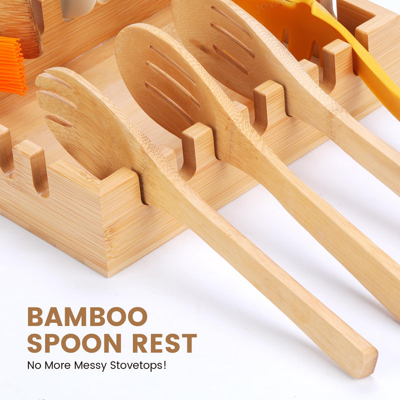 Bamboo Multi-Spoon Rest, Large Baking Tool Holder Rack, YORSEEK BBQ Grill Utensil Holder for Spatulas, Tongs, Ladles, Barbecue Grill Accessories Storage Organizer Multifunction Kitchen Gadgets - Grill Parts America