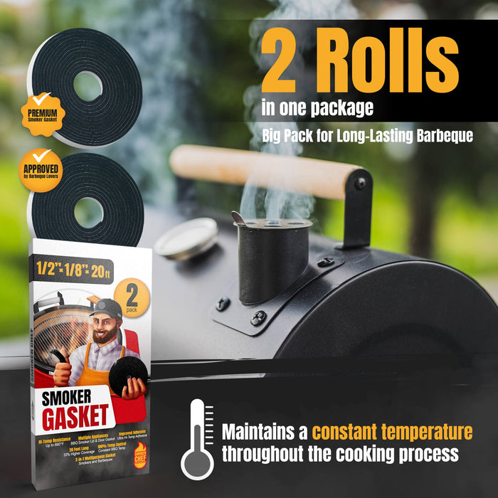 Smoker Chef XXL 20 FT Grill Gasket for Smokers - Black 1/2’’ x 1/8’’ Hi Temp Seal Smoker Gasket – 2-Pack x 10 FT Self Stick Black Nomex Fire Tape for BBQ Lid – High Heat Temperature Material Replace - Grill Parts America