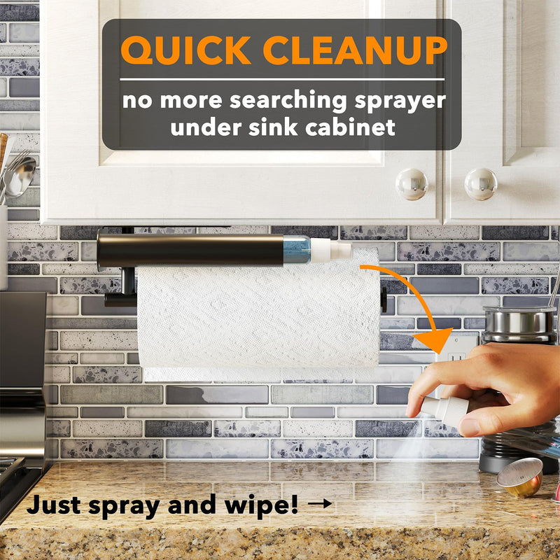 SpaceAid SprayNeat 2 in 1 Paper Towel Holder with Spray Bottle, Under Cabinet Paper Towels Holders with Sprayer Inside, Hanging Wall Mount Papertowels Roller for Kitchen (Black) - Grill Parts America