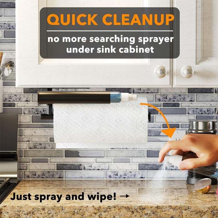SpaceAid SprayNeat 2 in 1 Paper Towel Holder with Spray Bottle, Under Cabinet Paper Towels Holders with Sprayer Inside, Hanging Wall Mount Papertowels Roller for Kitchen (Black) - Grill Parts America