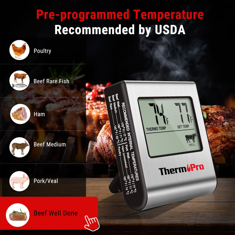 ThermoPro TP16 Large LCD Digital Cooking Food Meat Thermometer for Smoker Oven Kitchen BBQ Grill Thermometer Clock Timer with Stainless Steel Temperature Probe - Grill Parts America