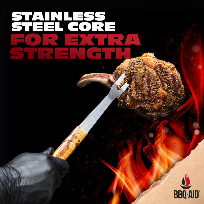 BBQ-AID 3 Piece Grill Set BBQ Accessories - Kitchen Tongs, Metal Spatula & Fork Utensils - Heavy Duty Stainless Steel Barbecue Grill Utensils for Outdoor Grill with Solid Sturdy Wood Handles - Grill Parts America