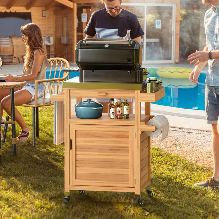 YITAHOME Outdoor Grill Cart with Stainless Steel Top, Solid Wood Movable Bar Cart with Drawer and Storage Cabinet, Outdoor Kitchen Prep Table for Garden, Lawn, Patio, Backyard, Natural - Grill Parts America