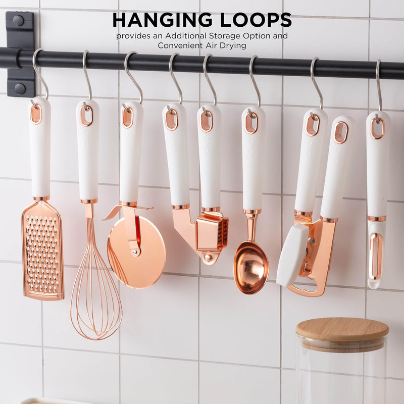 COOK WITH COLOR Kitchen Gadget Set Stainless Steel Utensils with Soft Touch Handles, 7 Pc. Copper, White - Grill Parts America