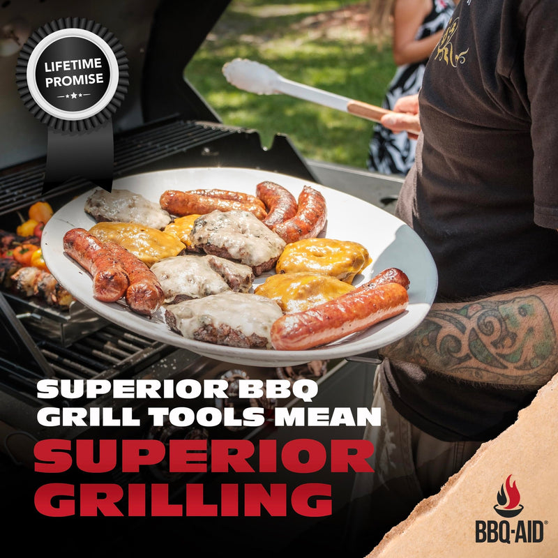 BBQ-AID 3 Piece Grill Set BBQ Accessories - Kitchen Tongs, Metal Spatula & Fork Utensils - Heavy Duty Stainless Steel Barbecue Grill Utensils for Outdoor Grill with Solid Sturdy Wood Handles - Grill Parts America
