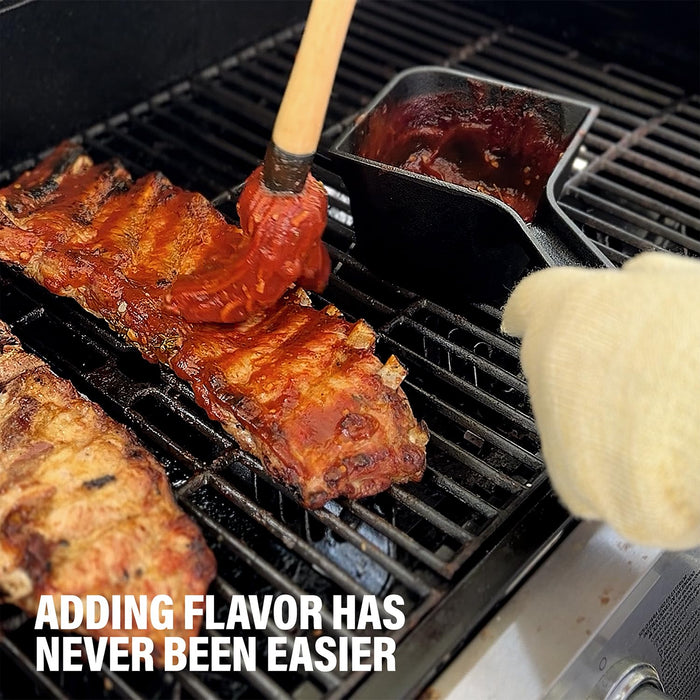 Cast Iron Sauce Pot with BBQ Mop Brush – Small Cast Iron Basting Pot & Mop Brush for Grilling, Smoking, and Saucing – BBQ Mop Brushes for Sauce, 24 Oz - Grill Parts America