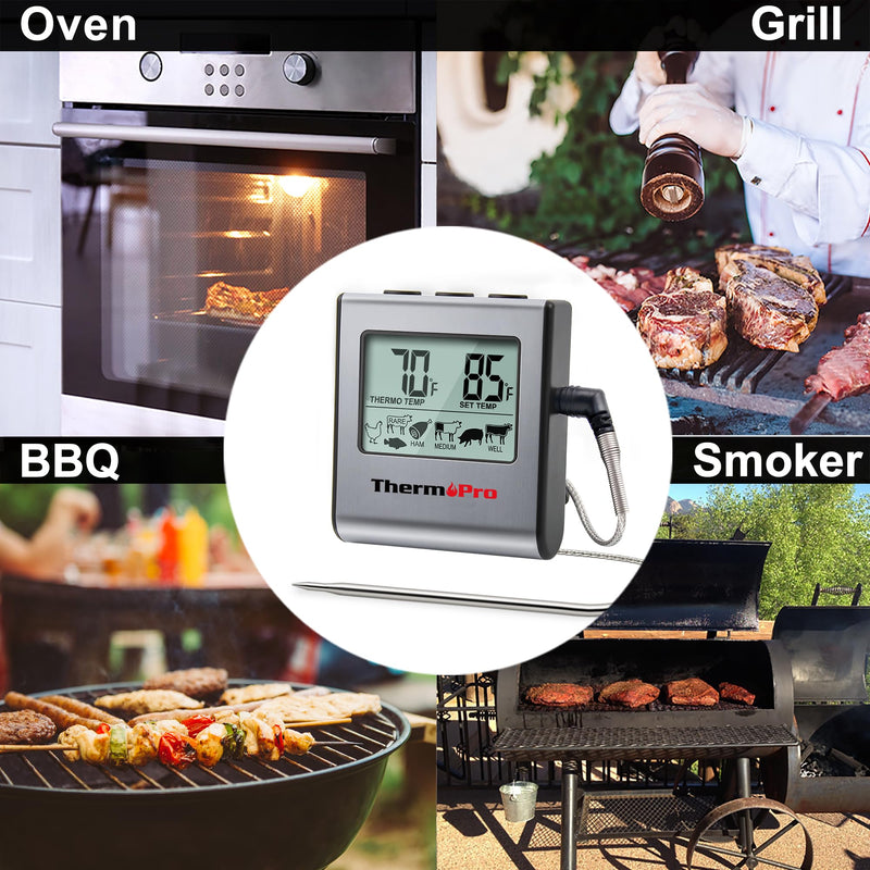 ThermoPro TP16 Large LCD Digital Cooking Food Meat Thermometer for Smoker Oven Kitchen BBQ Grill Thermometer Clock Timer with Stainless Steel Temperature Probe - Grill Parts America