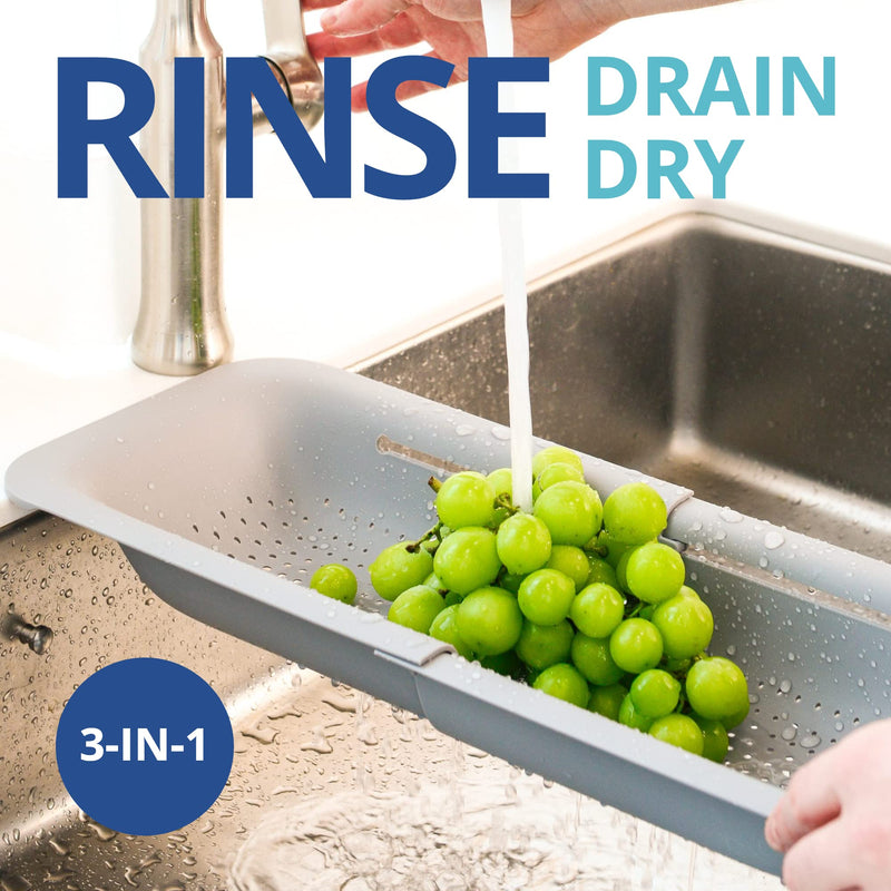 BLUE GINKGO Over the Sink Colander Strainer Basket - Wash Vegetables and Fruits, Drain Cooked Pasta and Dry Dishes - Extendable - New Home Kitchen Essentials (7.9W x 14-19L x 2.75H) - Gray - Grill Parts America