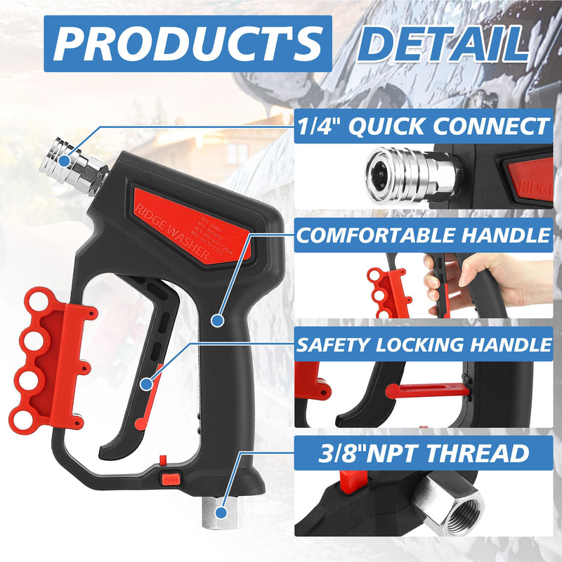 RIDGE WASHER Pressure Washer Gun 5000 PSI with Nozzle Bracket, 12 GPM, Power Washer Trigger Gun with 1/4" Quick Connector, 360° Swivel 3/8'' NPT Thread, M22-14mm and M22-15mm Fitting - Grill Parts America