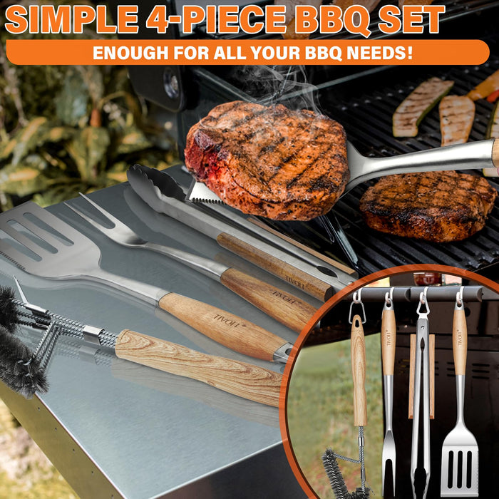 TIVOLI Grill Set 4PC BBQ Tools Set Grill Accessories with BBQ Spatula, BBQ Clips, Brushes, BBQ Forks Heavy Duty Grill Kit Grill Tools for Outdoor Grill with Wood Handles Gift Ideas for Dad Man - Grill Parts America