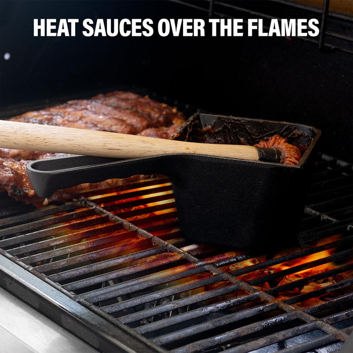 Cast Iron Sauce Pot with BBQ Mop Brush – Small Cast Iron Basting Pot & Mop Brush for Grilling, Smoking, and Saucing – BBQ Mop Brushes for Sauce, 24 Oz - Grill Parts America