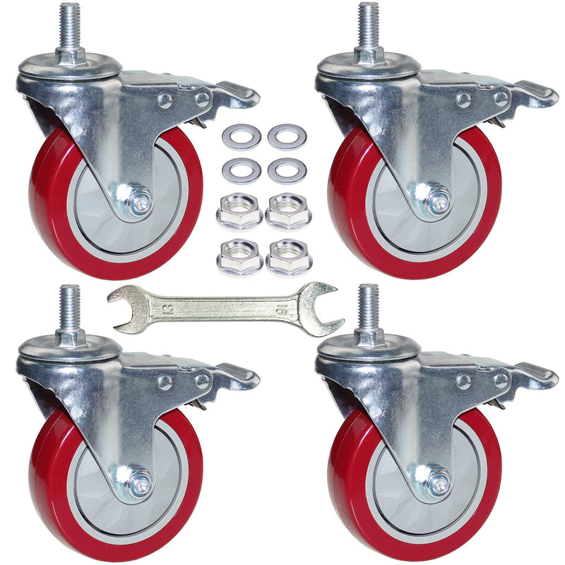 DICASAL 4 Inch Heavy Duty Stem Casters 360 Degree Swivel Thread Wheels with Metric Size M12-1.75 Screw Bolt Double Locking Brake Castor Wheel Load Capacity Upto 1200 Lbs Pack of Four - Grill Parts America