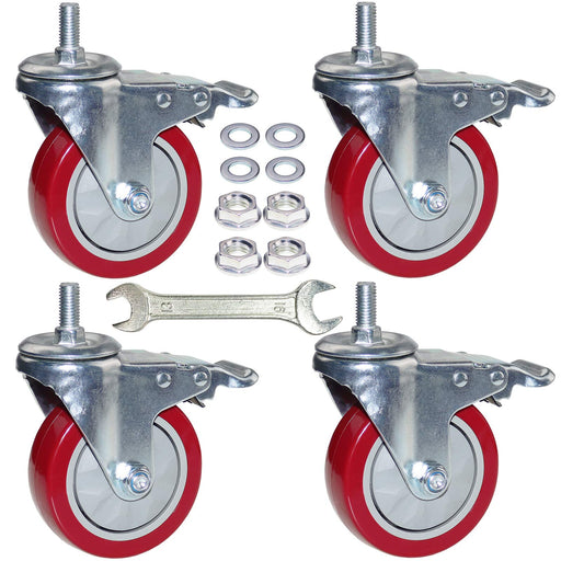 DICASAL 4 Inch Heavy Duty Stem Casters 360 Degree Swivel Thread Wheels with Metric Size M12-1.75 Screw Bolt Double Locking Brake Castor Wheel Load Capacity Upto 1200 Lbs Pack of Four - Grill Parts America