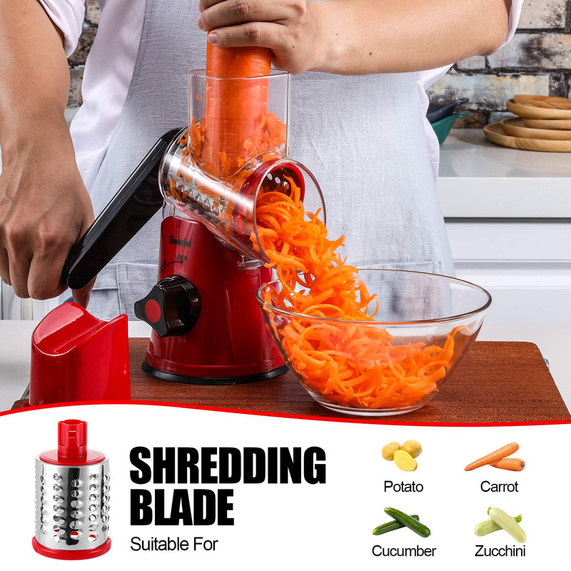 Geedel Rotary Cheese Grater, Kitchen Mandoline Vegetable Slicer with 3 Interchangeable Blades, Easy to Clean Grater for Fruit, Vegetables, Nuts - Grill Parts America