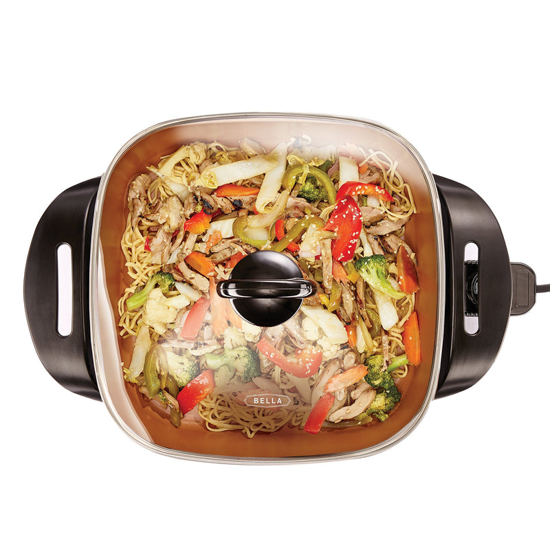 BELLA Electric Skillet and Frying Pan with Glass Lid, Nonstick Coating, Cool Touch Handles, Removable Heating Probe, Dishwasher Safe, 12 x 12 inch, Copper - Grill Parts America