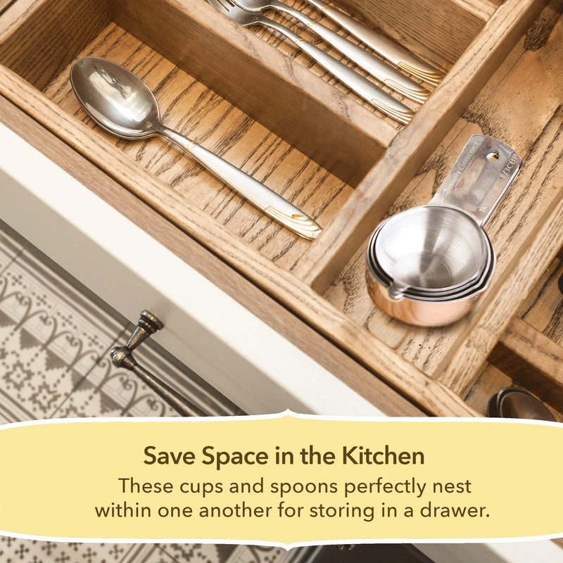 Simply Gourmet Measuring Cups and Spoons Set of 12, 304 Premium Stainless Steel, Stackable Cups Long Handle Spoons Fits Narrow Jars, Kitchen Gadgets for Liquid & Dry Ingredients Cooking Baking - Grill Parts America