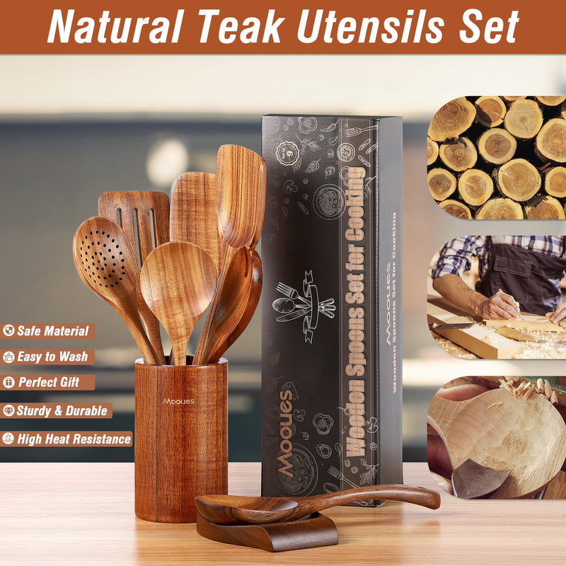 Mooues 9 Piece Natural Teak Wooden Kitchen Utensil Set with Spoon Rest - Comfort Grip Cooking Spoons and Utensils Holder - Grill Parts America