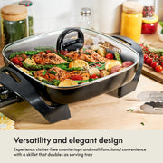 BELLA Electric Skillet and Frying Pan with Glass Lid, Nonstick Coating, Cool Touch Handles, Removable Heating Probe, Dishwasher Safe, 12 x 12 inch, Copper - Grill Parts America
