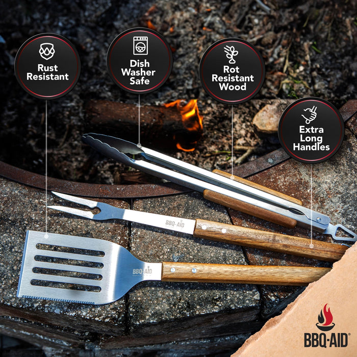 BBQ-AID 3 Piece Grill Set BBQ Accessories - Kitchen Tongs, Metal Spatula & Fork Utensils - Heavy Duty Stainless Steel Barbecue Grill Utensils for Outdoor Grill with Solid Sturdy Wood Handles - Grill Parts America