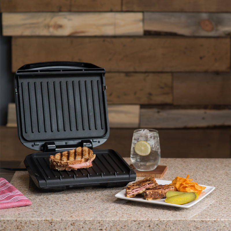 George Foreman 4-Serving Removable Plate Electric Grill and Panini Press, George Tough Non-Stick Coating, Drip Tray Catches Grease, Black - Grill Parts America