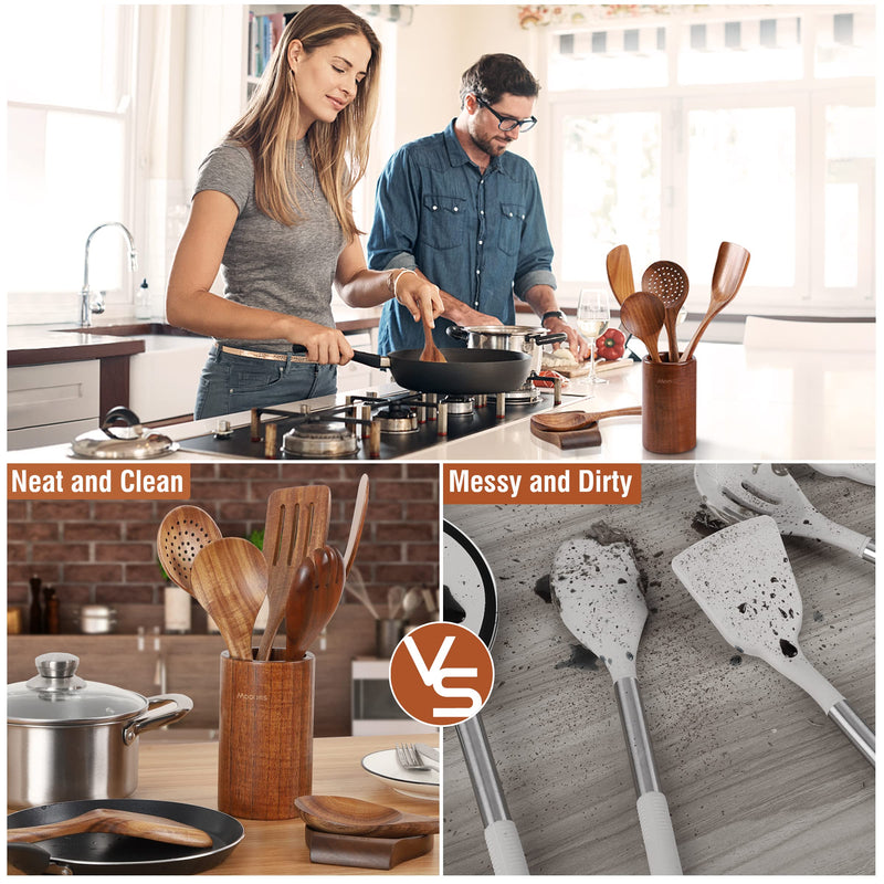Mooues 9 Piece Natural Teak Wooden Kitchen Utensil Set with Spoon Rest - Comfort Grip Cooking Spoons and Utensils Holder - Grill Parts America